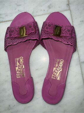 Salvatore Ferragamo Fuchsia Laser-Cut Slide Sandals with Gold Hardware 6.5
